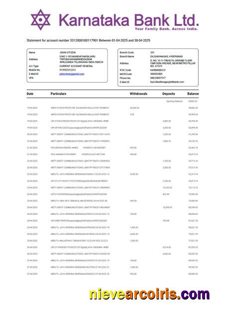 India Karnataka Bank statement for account Word and PDF